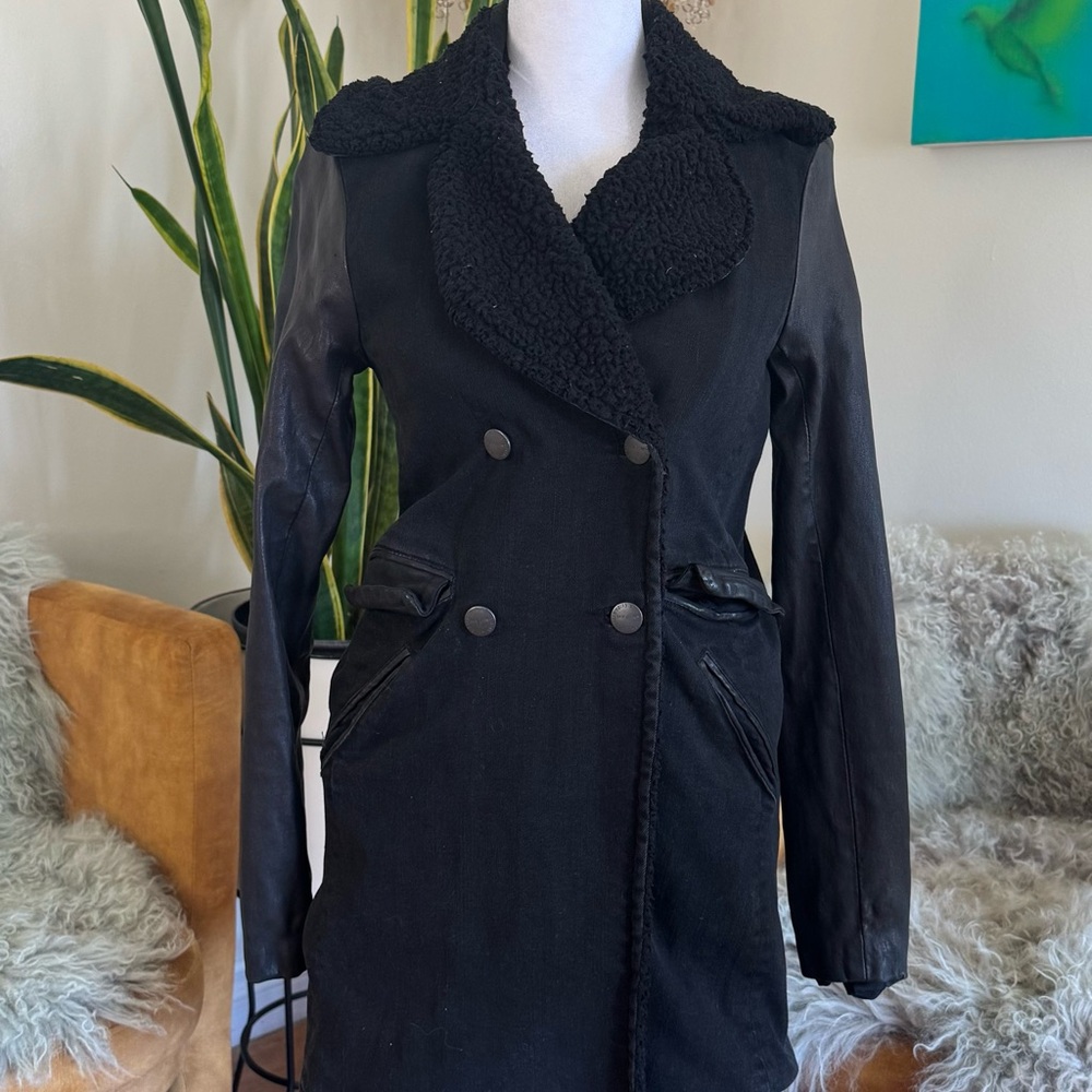 Current/Elliott Black Trench Coat with Shearling Collar